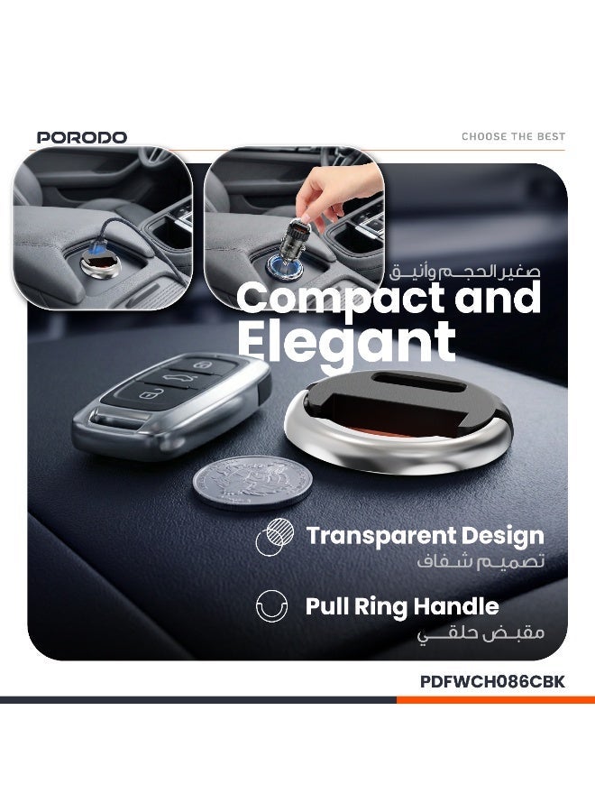 porodo Dual Port Transparent Car Charger with Pull Ring Handle & USB-C to USB-C Cable / PD 36W/ QC 18W/ USB-A & USB-C Ports/Fast Charging/ Sleek & compact Flush-Fit Design/Universal Compatibility - Black - Image 4